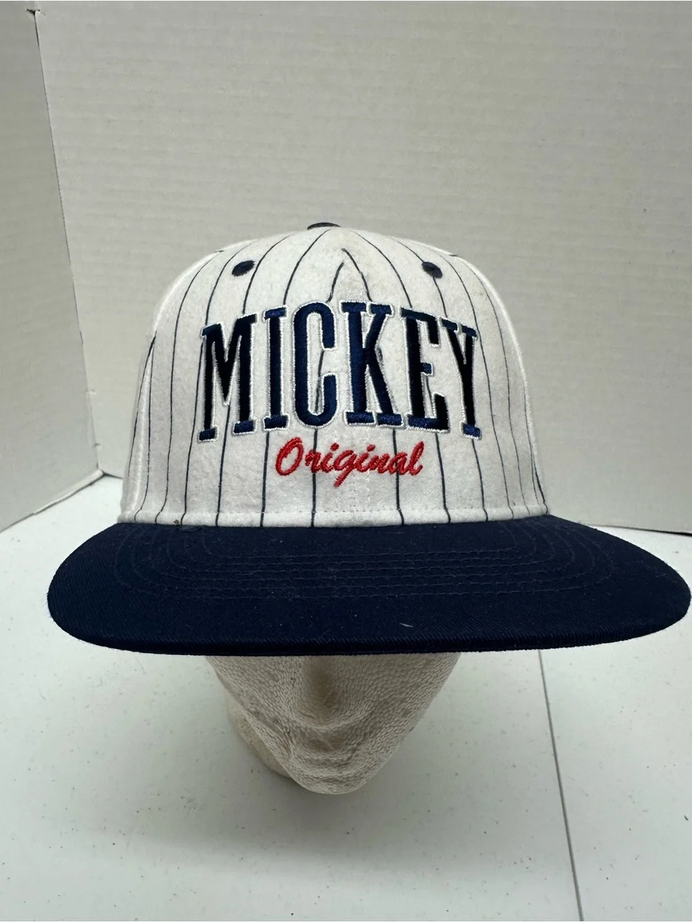 Disney Mickey Mouse Original Pinstripe Snapback Hat Navy White Baseball Cap